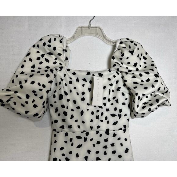 TRUE VIOLET PUFF SLEEVE SQUARE NECK MIDI DRESS IN MONO SPOT PRINT Size 6 NWT - Picture 2 of 10